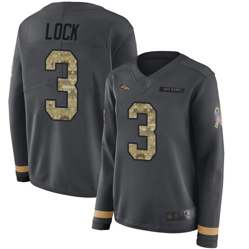 Custom Broncos #3 Drew Lock Anthracite Salute to Service Women’s Stitched Football Limited Therma Long Sleeve Jersey