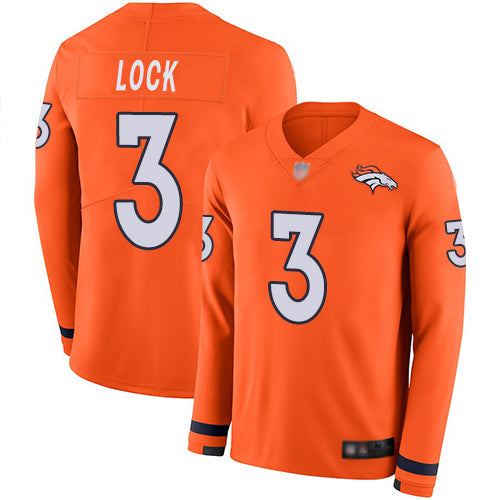 Custom Broncos #3 Drew Lock Orange Team Color Men’s Stitched Football Limited Therma Long Sleeve Jersey