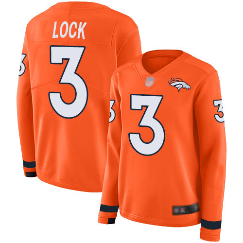 Custom Broncos #3 Drew Lock Orange Team Color Women’s Stitched Football Limited Therma Long Sleeve Jersey