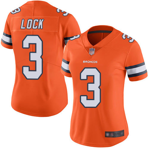Custom Broncos #3 Drew Lock Orange Women’s Stitched Football Limited Rush Jersey