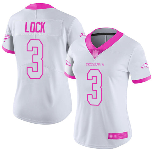 Custom Broncos #3 Drew Lock White Pink Women’s Stitched Football Limited Rush Fashion Jersey