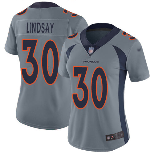 Custom Broncos #30 Phillip Lindsay Gray Women’s Stitched Football Limited Inverted Legend Jersey