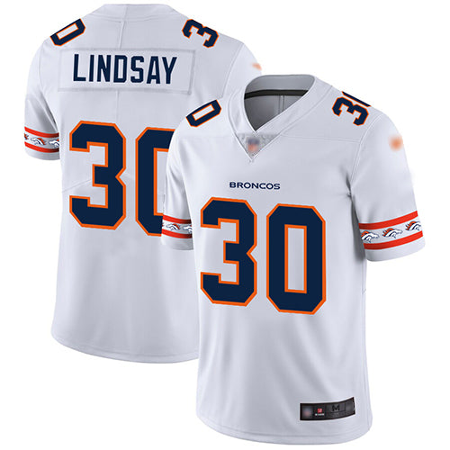 Custom Broncos #30 Phillip Lindsay White Men’s Stitched Football Limited Team Logo Fashion Jersey