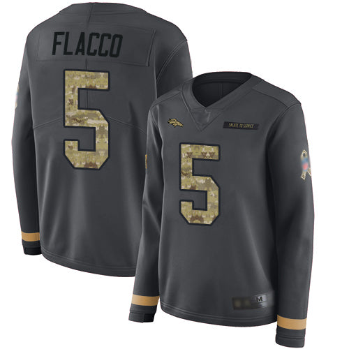 Custom Broncos #5 Joe Flacco Anthracite Salute to Service Women’s Stitched Football Limited Therma Long Sleeve Jersey