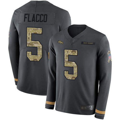 Custom Broncos #5 Joe Flacco Anthracite Salute to Service Youth Stitched Football Limited Therma Long Sleeve Jersey