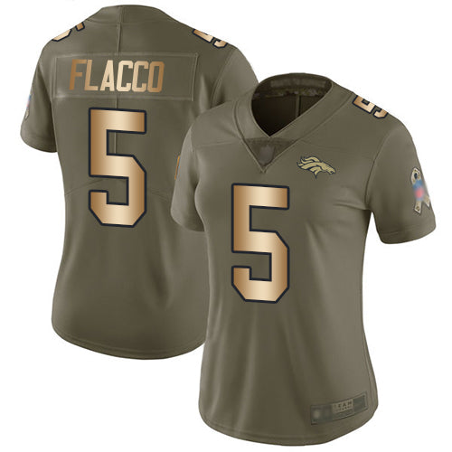 Custom Broncos #5 Joe Flacco Olive Gold Women’s Stitched Football Limited 2017 Salute to Service Jersey