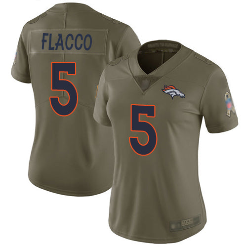 Custom Broncos #5 Joe Flacco Olive Women’s Stitched Football Limited 2017 Salute to Service Jersey