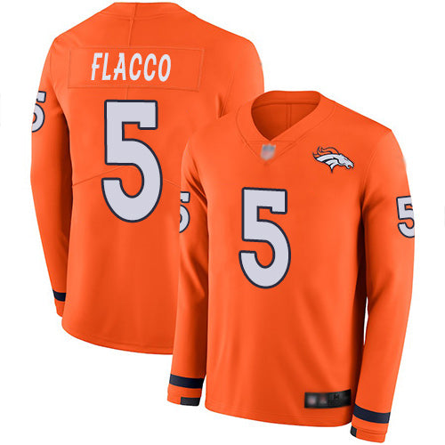 Custom Broncos #5 Joe Flacco Orange Team Color Men’s Stitched Football Limited Therma Long Sleeve Jersey