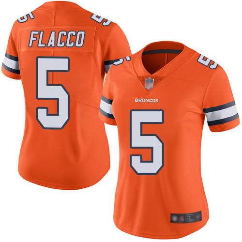 Custom Broncos #5 Joe Flacco Orange Women’s Stitched Football Limited Rush Jersey