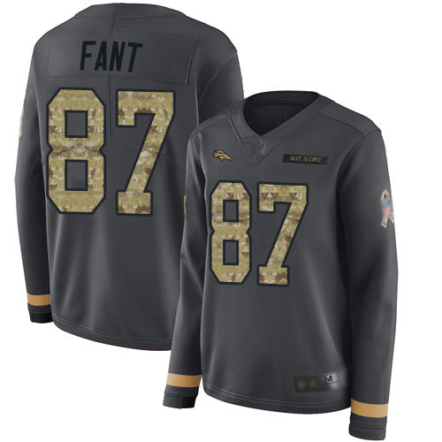Custom Broncos #87 Noah Fant Anthracite Salute to Service Women’s Stitched Football Limited Therma Long Sleeve Jersey