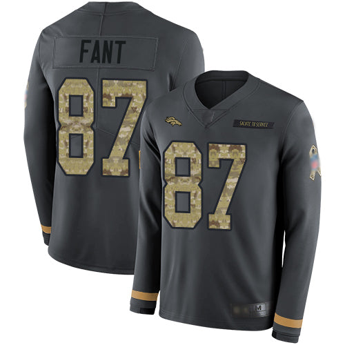 Custom Broncos #87 Noah Fant Anthracite Salute to Service Youth Stitched Football Limited Therma Long Sleeve Jersey