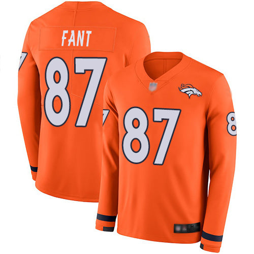 Custom Broncos #87 Noah Fant Orange Team Color Men’s Stitched Football Limited Therma Long Sleeve Jersey