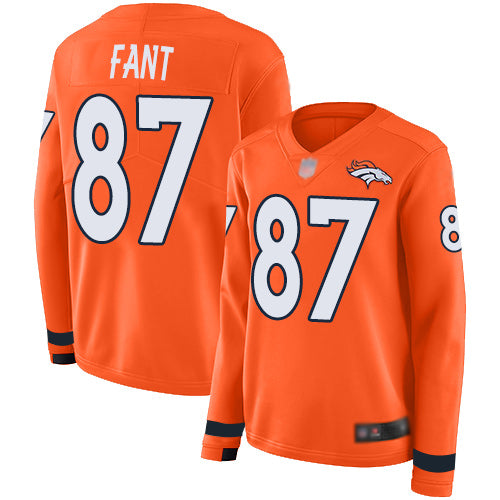 Custom Broncos #87 Noah Fant Orange Team Color Women’s Stitched Football Limited Therma Long Sleeve Jersey