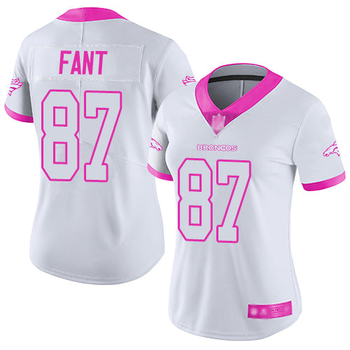 Custom Broncos #87 Noah Fant White Pink Women’s Stitched Football Limited Rush Fashion Jersey