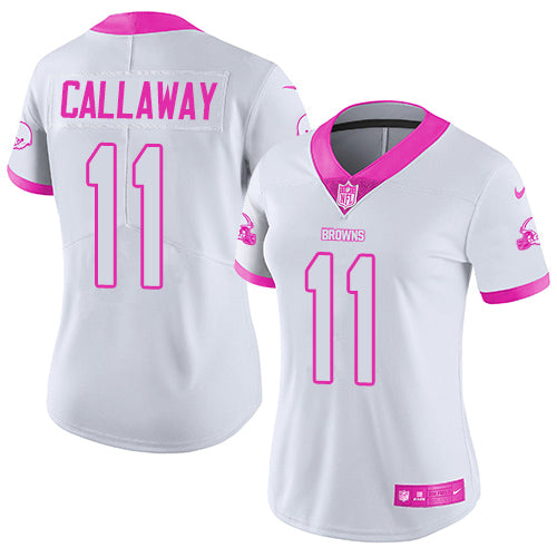 Custom Browns #11 Antonio Callaway White Pink Women’s Stitched Football Limited Rush Fashion Jersey