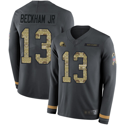 Custom Browns #13 Odell Beckham Jr Anthracite Salute to Service Men’s Stitched Football Limited Therma Long Sleeve Jersey