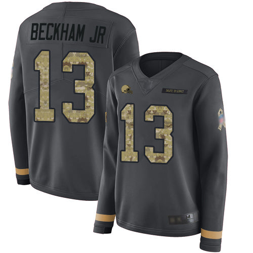 Custom Browns #13 Odell Beckham Jr Anthracite Salute to Service Women’s Stitched Football Limited Therma Long Sleeve Jersey