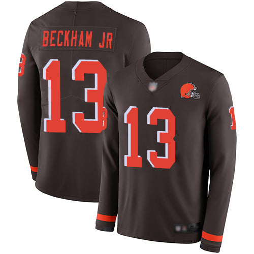 Custom Browns #13 Odell Beckham Jr Brown Team Color Men’s Stitched Football Limited Therma Long Sleeve Jersey