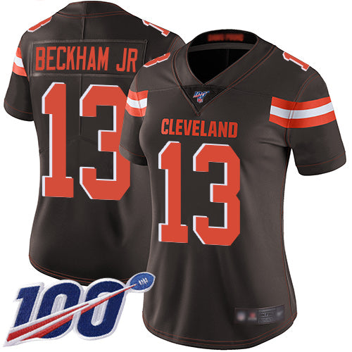 Custom Browns #13 Odell Beckham Jr Brown Team Color Women’s Stitched Football 100th Season Vapor Limited Jersey
