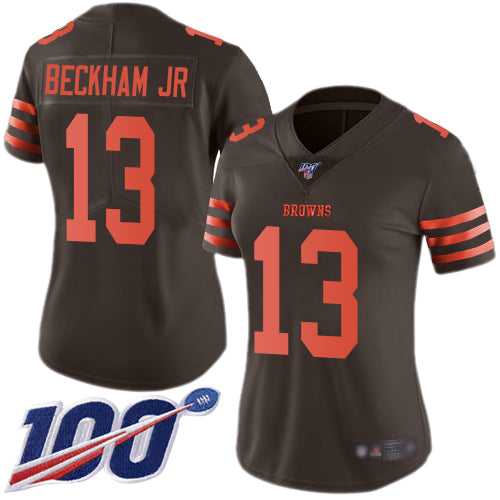 Custom Browns #13 Odell Beckham Jr Brown Women’s Stitched Football Limited Rush 100th Season Jersey