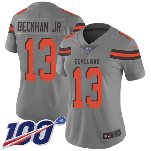 Custom Browns #13 Odell Beckham Jr Gray Women’s Stitched Football Limited Inverted Legend 100th Season Jersey