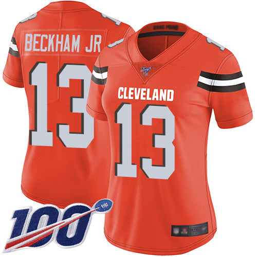 Custom Browns #13 Odell Beckham Jr Orange Alternate Women’s Stitched Football 100th Season Vapor Limited Jersey
