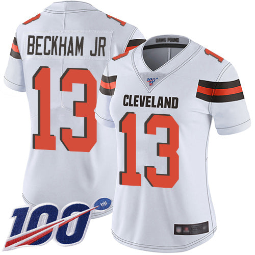 Custom Browns #13 Odell Beckham Jr White Women’s Stitched Football 100th Season Vapor Limited Jersey