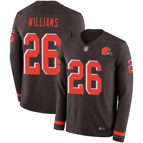 Custom Browns #26 Greedy Williams Brown Team Color Men’s Stitched Football Limited Therma Long Sleeve Jersey