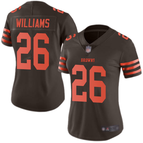 Custom Browns #26 Greedy Williams Brown Women’s Stitched Football Limited Rush Jersey