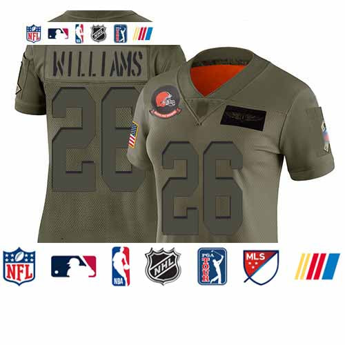 Custom Browns #26 Greedy Williams Camo Women’s Stitched Football Limited 2019 Salute to Service Jersey