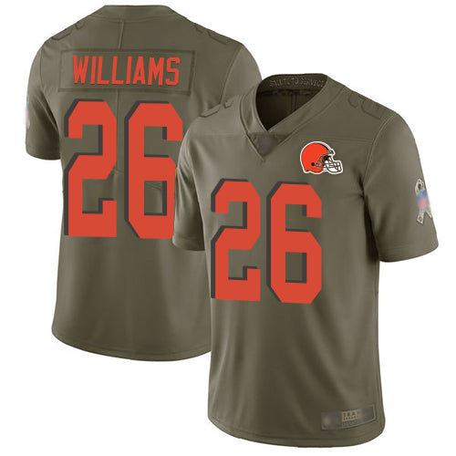 Custom Browns #26 Greedy Williams Olive Men’s Stitched Football Limited 2017 Salute To Service Jersey