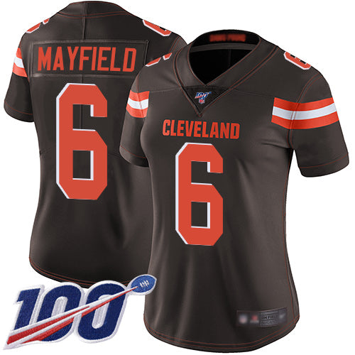 Custom Browns #6 Baker Mayfield Brown Team Color Women’s Stitched Football 100th Season Vapor Limited Jersey