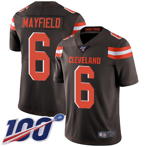Custom Browns #6 Baker Mayfield Brown Team Color Youth Stitched Football 100th Season Vapor Limited Jersey