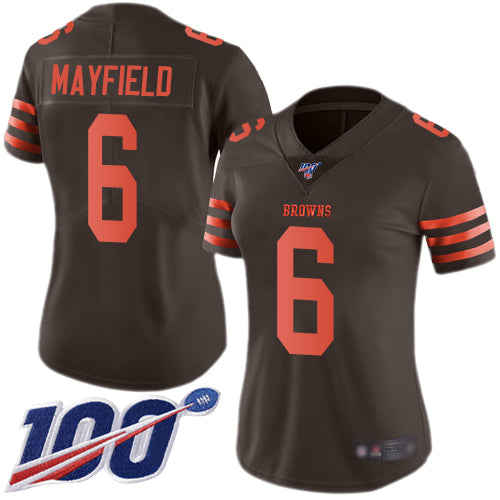 Custom Browns #6 Baker Mayfield Brown Women’s Stitched Football Limited Rush 100th Season Jersey