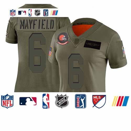 Custom Browns #6 Baker Mayfield Camo Women’s Stitched Football Limited 2019 Salute to Service Jersey