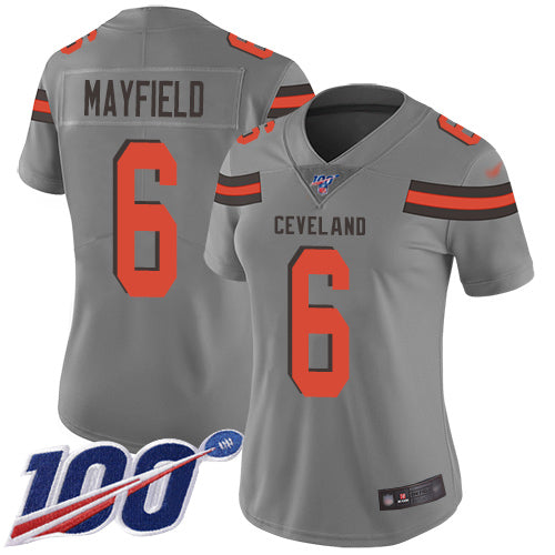 Custom Browns #6 Baker Mayfield Gray Women’s Stitched Football Limited Inverted Legend 100th Season Jersey