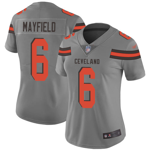 Custom Browns #6 Baker Mayfield Gray Women’s Stitched Football Limited Inverted Legend Jersey