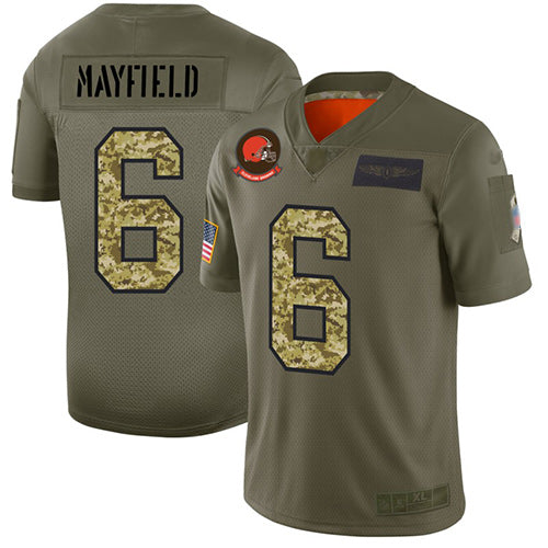 Custom Browns #6 Baker Mayfield Olive Camo Men’s Stitched Football Limited 2019 Salute To Service Jersey