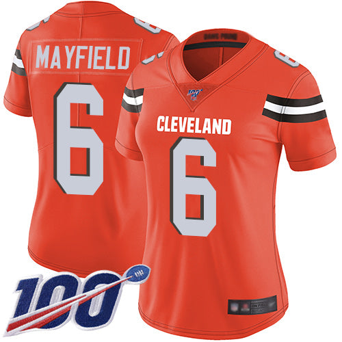 Custom Browns #6 Baker Mayfield Orange Alternate Women’s Stitched Football 100th Season Vapor Limited Jersey
