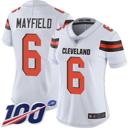 Custom Browns #6 Baker Mayfield White Women’s Stitched Football 100th Season Vapor Limited Jersey