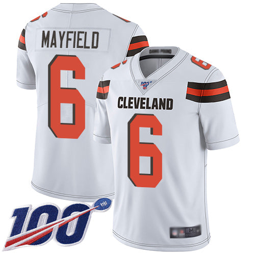Custom Browns #6 Baker Mayfield White Youth Stitched Football 100th Season Vapor Limited Jersey