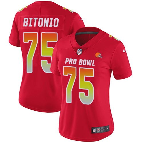 Custom Browns #75 Joel Bitonio Red Women’s Stitched Football Limited AFC 2019 Pro Bowl Jersey