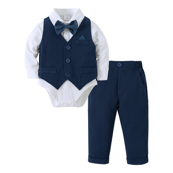 Baby Boy Clothes Suit Toddler Outfits 4pcs Formal Dress Onesie Waistcoat Pants Bow Tie Set