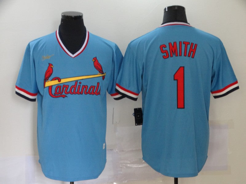 Custom Cardinals 1 Ozzie Smith Light Blue Cool Base Throwback Jersey