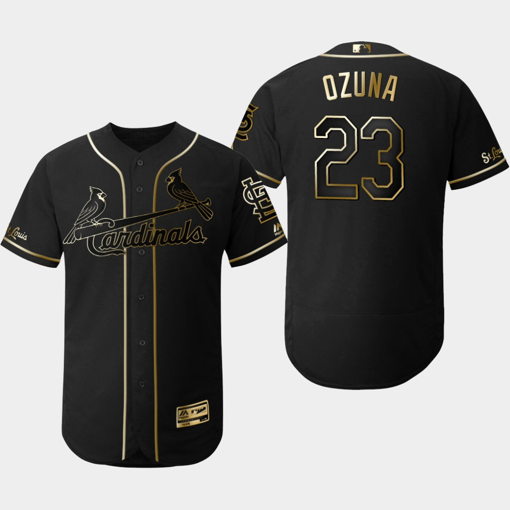 Custom Cardinals 23 Marcell Ozuna Black Gold Flexbase Jersey