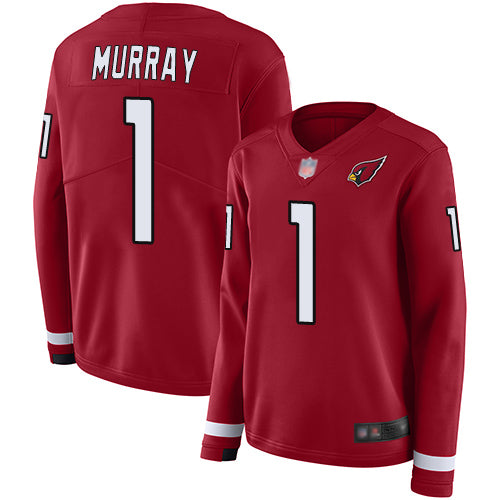 Custom Cardinals #1 Kyler Murray Red Team Color Women’s Stitched Football Limited Therma Long Sleeve Jersey