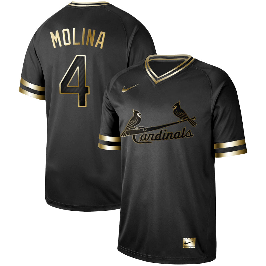 Custom Cardinals 4 Yadier Molina Black Gold Cooperstown Collection Legend V Neck Jersey