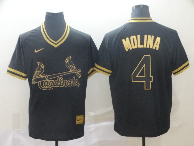 Custom Cardinals 4 Yadier Molina Black Gold Cooperstown Collection Legend V Neck Jersey