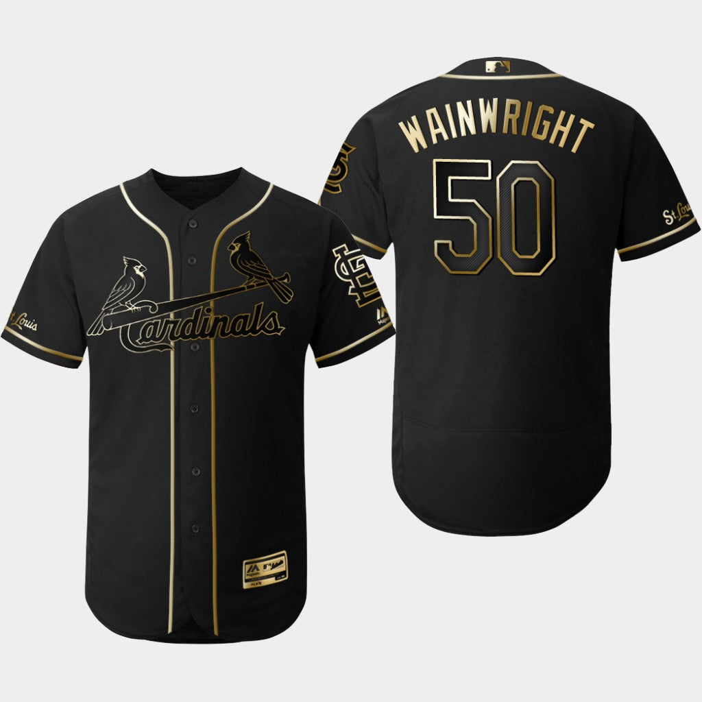 Custom Cardinals 50 Adam Wainwright Black Gold Flexbase Jersey