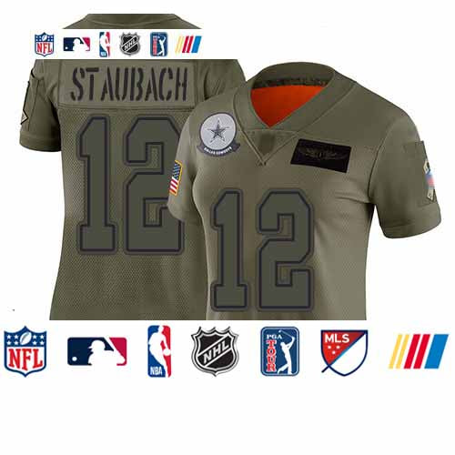 Custom Cowboys #12 Roger Staubach Camo Women’s Stitched Football Limited 2019 Salute to Service Jersey